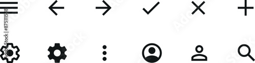 Most common app icon set for navigation and action bars, tabbar. All menu types: hamburger, donner, tick, cross, plus, profile, user, search, kebab, bento menu. Icons set with grid for apps and web.