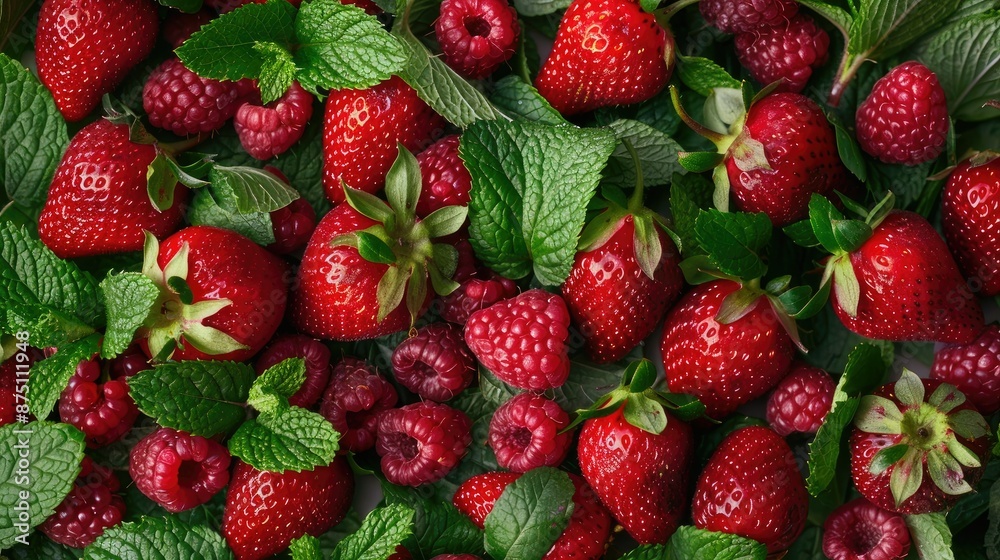 Fresh strawberries, mulberries, raspberries, and mint leaves in a close-up view. Bright and colorful. Fresh strawberries, mulberries, raspberries, and mint leaves in a close-up view. Bright and colorful.
