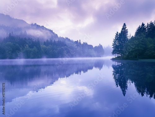 Serene Lake SunriseMist Rising Over Water - Tranquil Dawn Nature Scenery