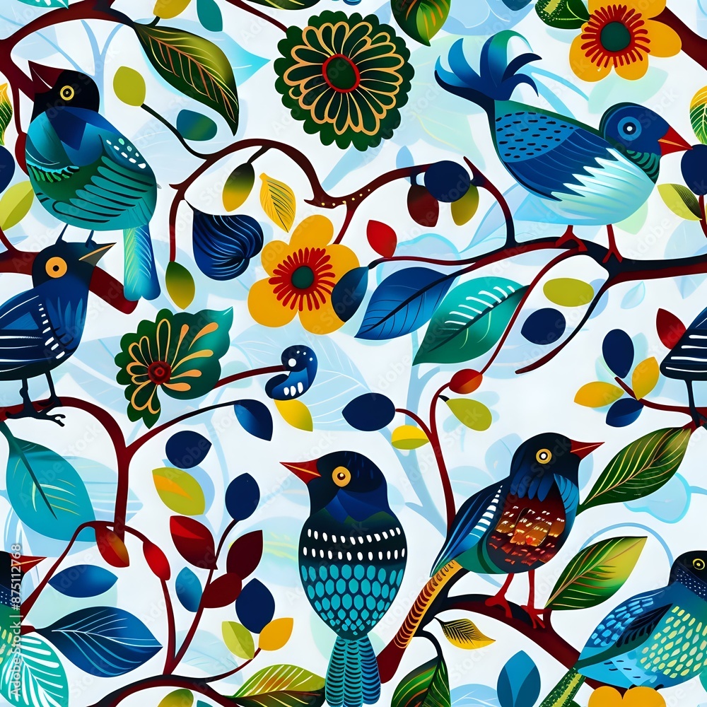 Obraz premium Nature Inspired Textile Pattern with Bird and Roses