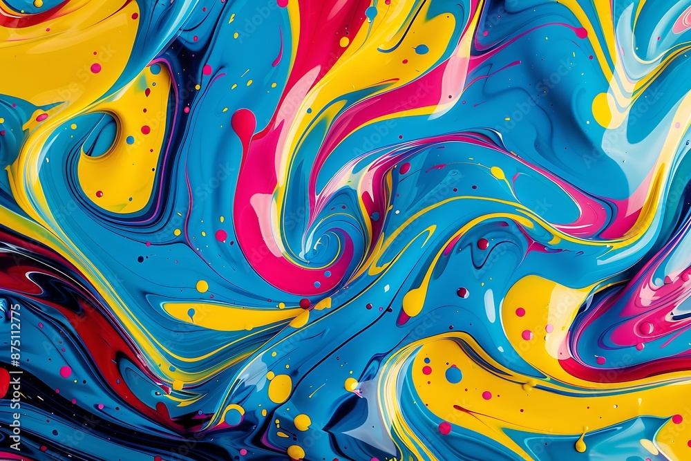 Abstract background with colorful swirls of liquid paint, featuring blue, yellow, pink, and red splashes forming intricate patterns. Abstract background with colorful swirls of liquid paint, featuring blue, yellow, pink, and red splashes forming intricate patterns.
