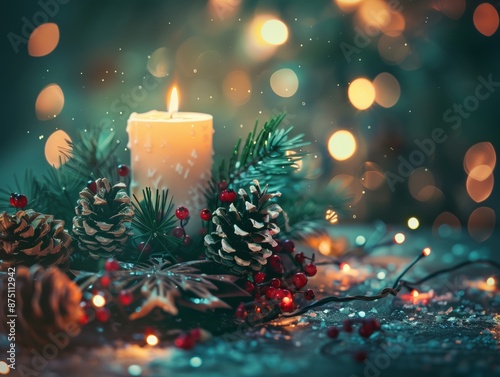 Brennende Weihnachtskerze mit Tannenzapfen und Beeren