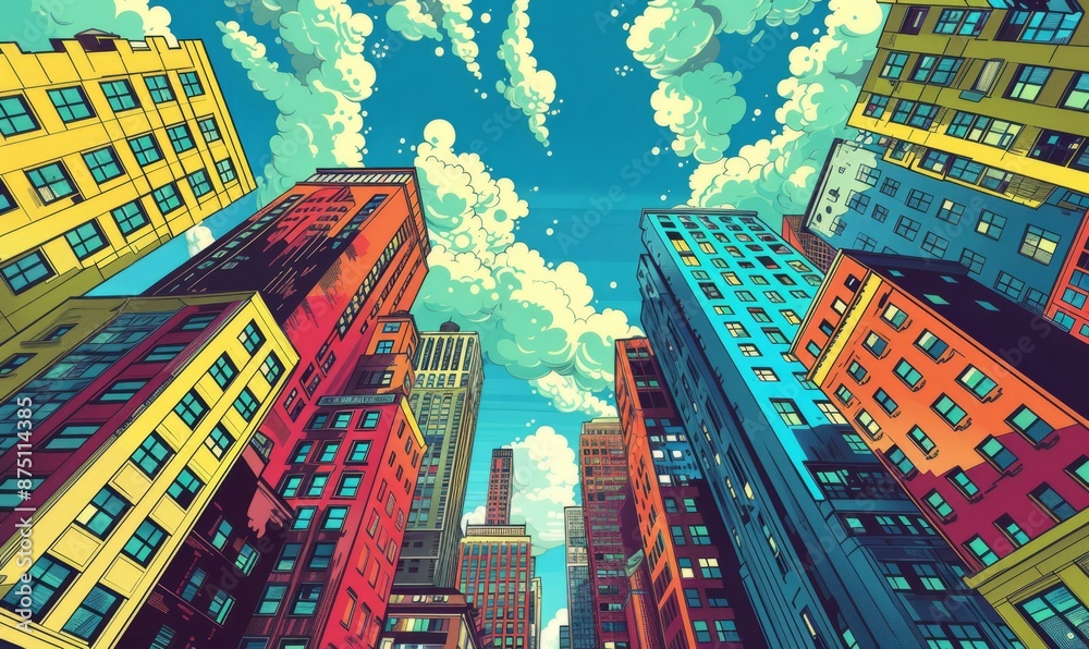 Fototapeta premium Retro comic book-style cityscape in bold colors