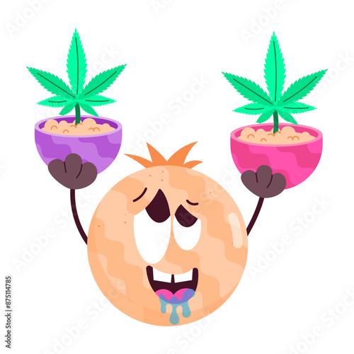 A flat style sticker of high emoji with weed plants 

