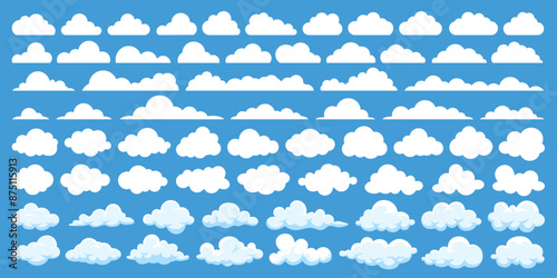 Set of vector white cloud or web cloud computing technology business icon isolated on blue background. Cloud pattern, fire smoke texture or nature sky art in cartoon style. Weather element symbol.