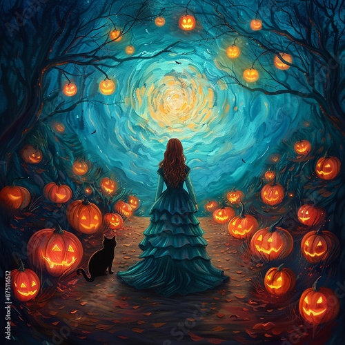 A night scene with a witch and her black cat among lit pumpkins, welcoming trickortreaters, Halloween, Dark tones, Digital art photo