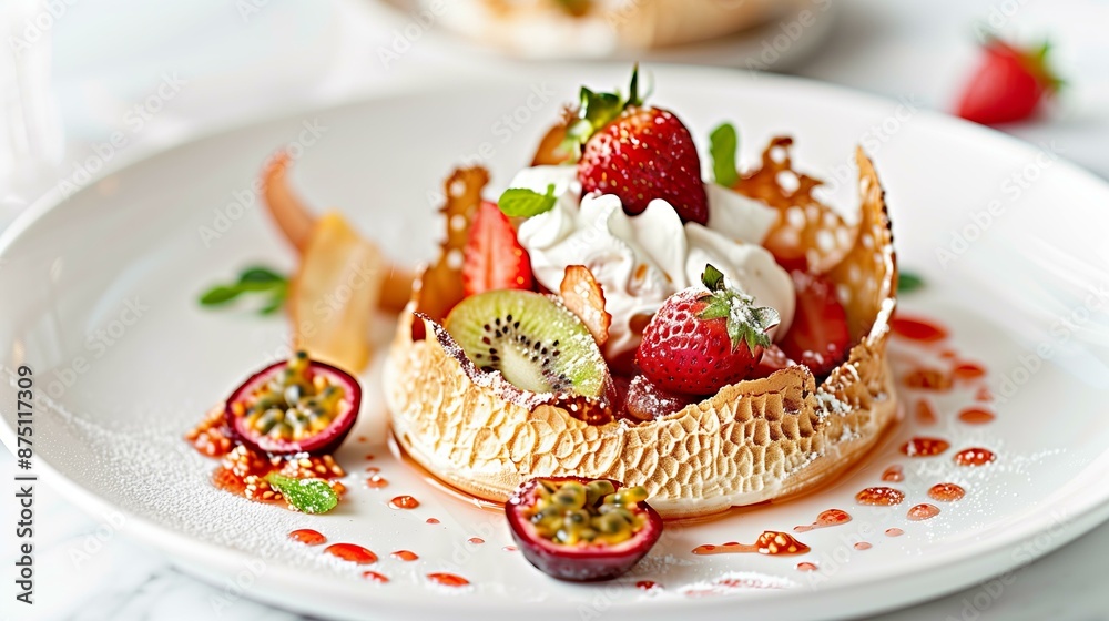 Gourmet dessert with fresh strawberries, kiwi, and passion fruit served in a delicate pastry shell. Gourmet dessert with fresh strawberries, kiwi, and passion fruit served in a delicate pastry shell.