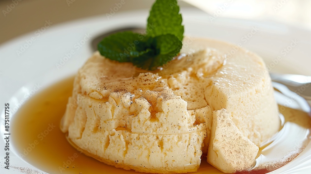 Delicious flan dessert topped with mint leaf on a white plate, drizzled with caramel sauce. Delicious flan dessert topped with mint leaf on a white plate, drizzled with caramel sauce.