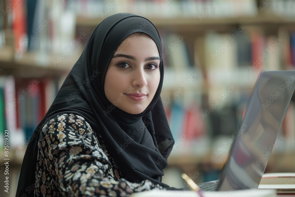 Young Muslim Woman Studying in Library Young Muslim Woman Studying in Library