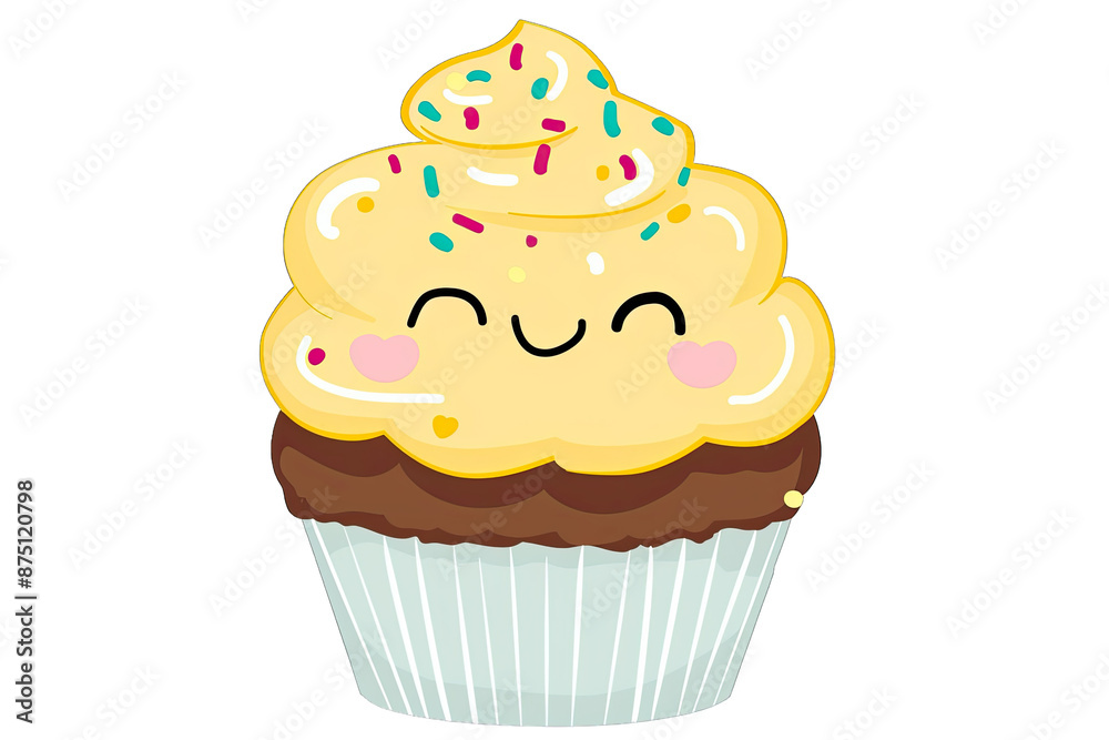 Cute cartoon cupcake with a happy face, colorful sprinkles, yellow frosting, chocolate base, and white wrapper. Perfect for bakery-themed designs. Cute cartoon cupcake with a happy face, colorful sprinkles, yellow frosting, chocolate base, and white wrapper. Perfect for bakery-themed designs.