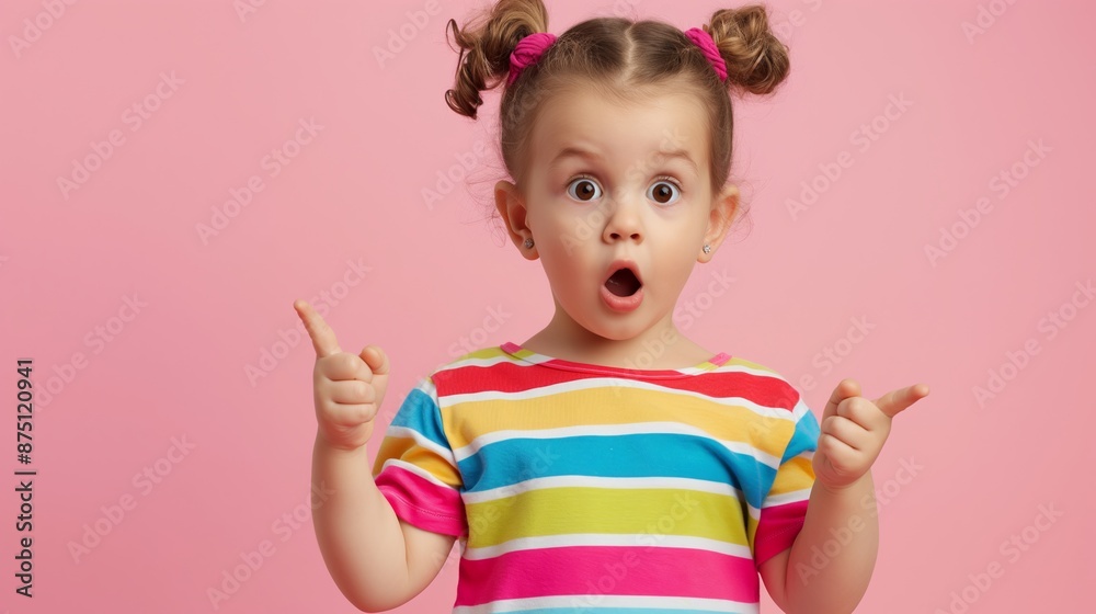 A little girl with her hair in pigtails and a striped shirt pointing to the right. She looks surprised A little girl with her hair in pigtails and a striped shirt pointing to the right. She looks surprised