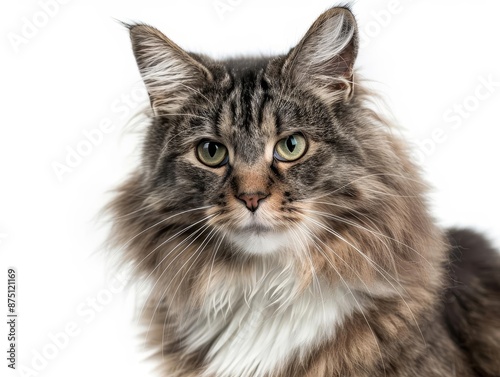 Front side close up of a Norwegian Forest cat with a worried face expression, isolated white background © Rainister