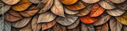 Abstract background with wooden wall panels in leaf shapes, featuring natural elements in various colors and shades.