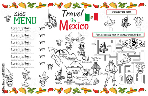 Kids menu for a Mexican restaurant with a map of Mexico and interesting tasks for children. 17x11 inch printable vector file