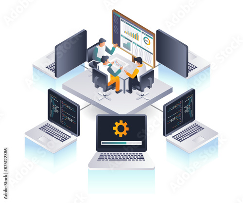 Coworkers analyze computer data technology