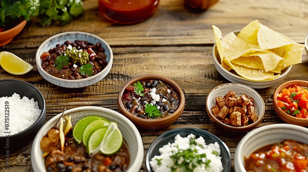 A vibrant Mexican feast with rice, beans, tortilla chips, lime, and fresh cilantro on a rustic wooden table. A vibrant Mexican feast with rice, beans, tortilla chips, lime, and fresh cilantro on a rustic wooden table.