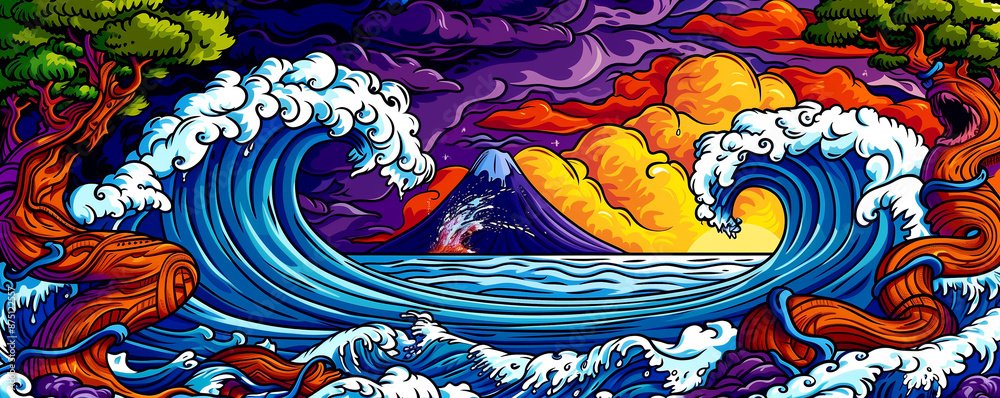 A painting of a wave with a mountain in the background. The mountain is in the distance and the wave is crashing towards it. The sky is filled with clouds and the sun is setting A painting of a wave with a mountain in the background. The mountain is in the distance and the wave is crashing towards it. The sky is filled with clouds and the sun is setting