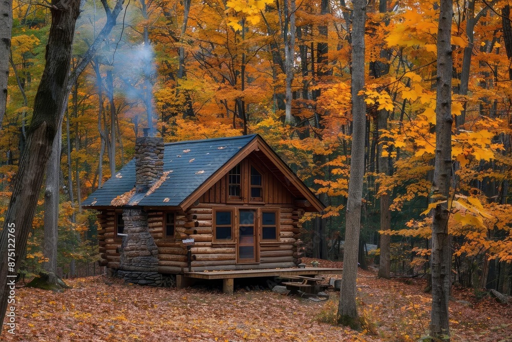Cozy log cabin in an autumn forest with vibrant fall foliage, smoke rising from the chimney, creating a warm and inviting atmosphere. Cozy log cabin in an autumn forest with vibrant fall foliage, smoke rising from the chimney, creating a warm and inviting atmosphere.