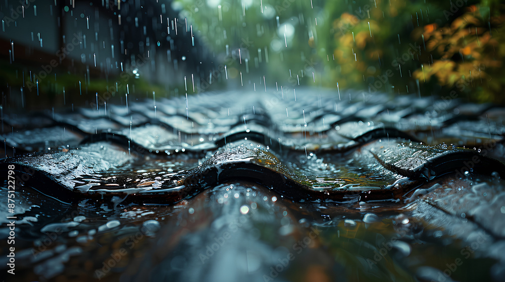 Fototapeta premium Rainwater flowing on roof tiles, Background 