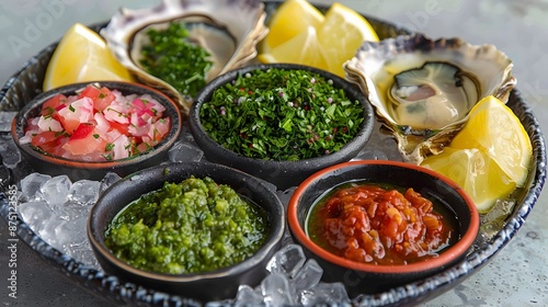 Oyster Platter with Sauces and Lemon Wedges