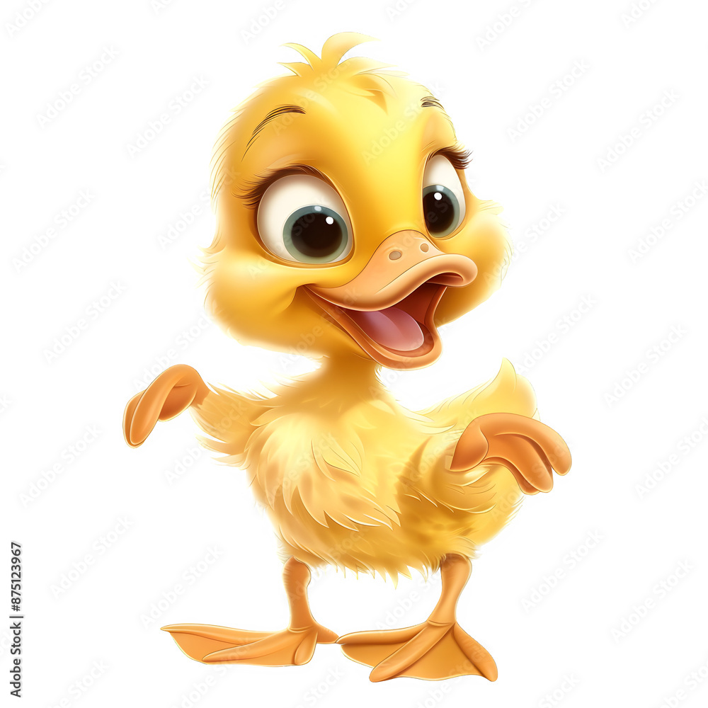 Vibrant digital illustration of an adorable, happy yellow duckling on a transparent background