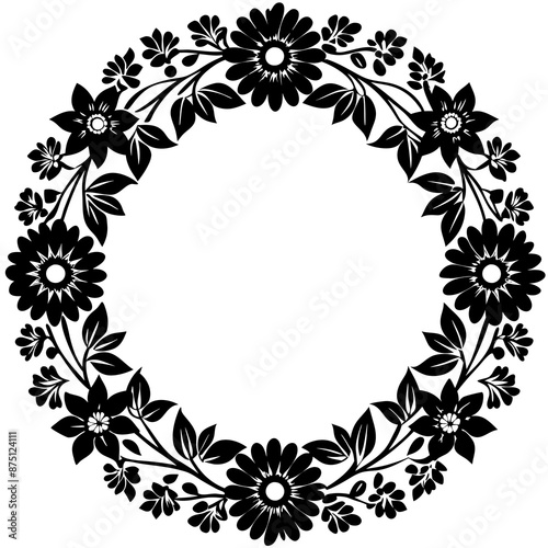 black circular design with floral and leafy patterns radiates symmetrically