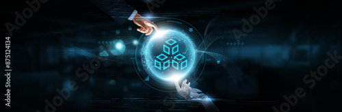 Tableau sur toile Blockchain Technology: Hands of Robot and Human Touching on Blockchain Network Connection Background, Security and Artificial Intelligence Technology