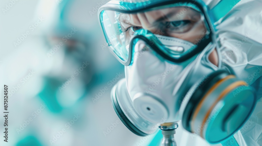 A close-up shot of a worker wearing a protective suit and mask, with a focused and serious expression. The photo highlights safety, precision, and health precautions. A close-up shot of a worker wearing a protective suit and mask, with a focused and serious expression. The photo highlights safety, precision, and health precautions.