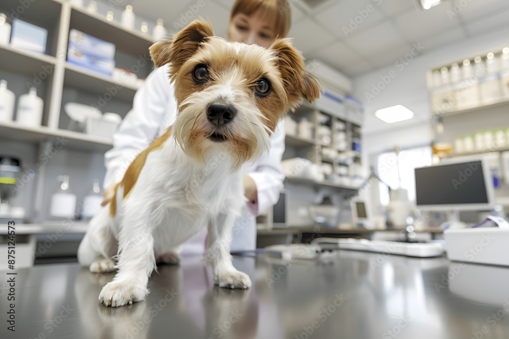 veterinarian in action, examining a small dog with care and compassion in a modern clinic setting veterinarian in action, examining a small dog with care and compassion in a modern clinic setting
