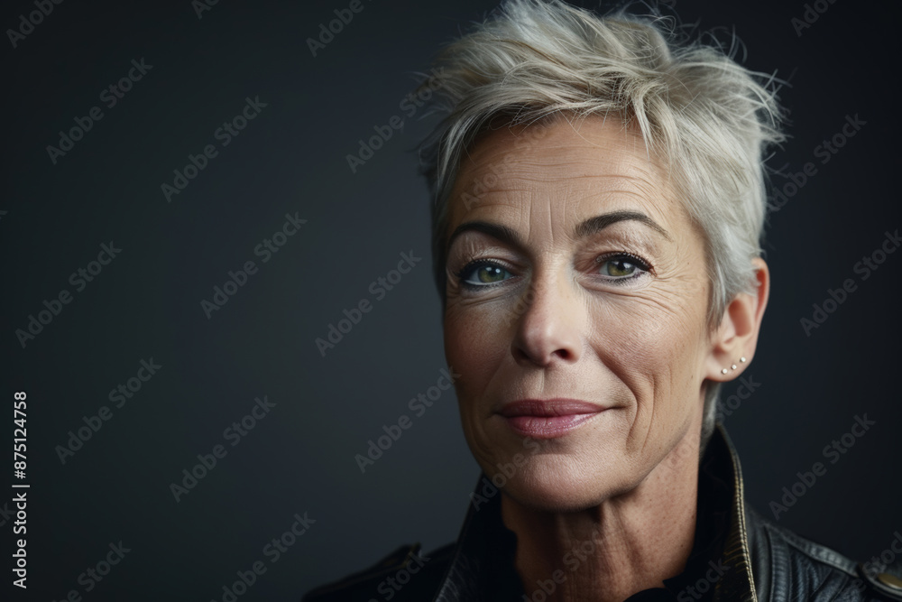 Close-up portrait of elderly Caucasian woman, studio photo, against a sleek gray studio backdrop Close-up portrait of elderly Caucasian woman, studio photo, against a sleek gray studio backdrop