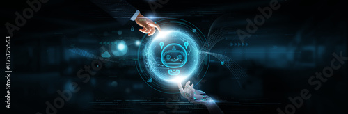 Chatbots: Hands of Robot and Human Touching on Chatbots Network Connection Background, Integration, Artificial Intelligence Technology, Automation, and Efficiency.