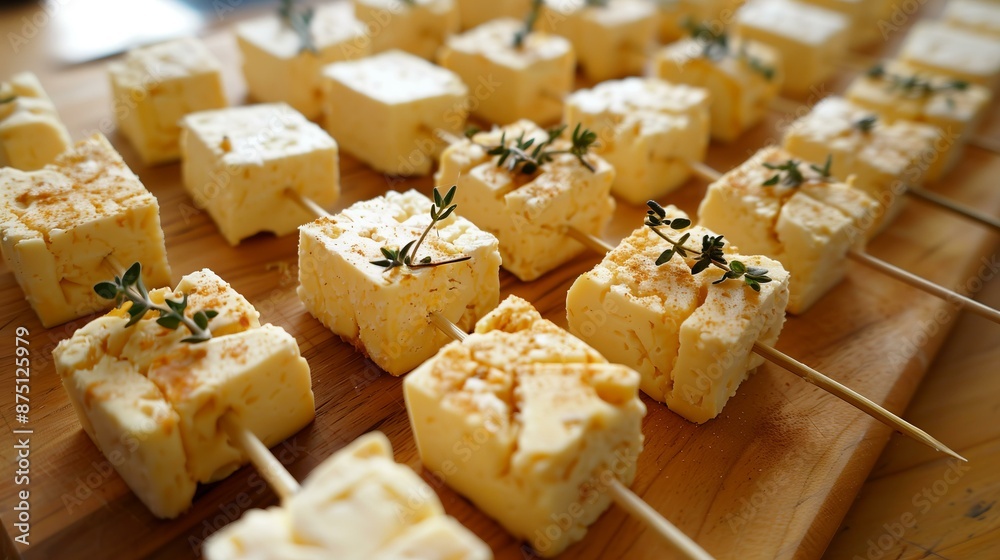 Delicious skewered cheese cubes sprinkled with spices and garnished with fresh herbs on a wooden board. Delicious skewered cheese cubes sprinkled with spices and garnished with fresh herbs on a wooden board.