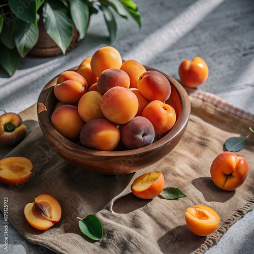 Apricots in a bowl and basket with fresh, juicy, and ripe fruits photo