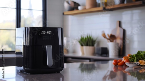 Air fryer digital display in kitchen for modern cooking convenience