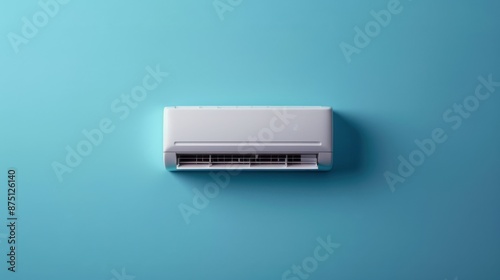 This image features a wall-mounted air conditioner against a solid blue background in a minimalistic setting, representing simplicity and modernity in climate control technology. photo