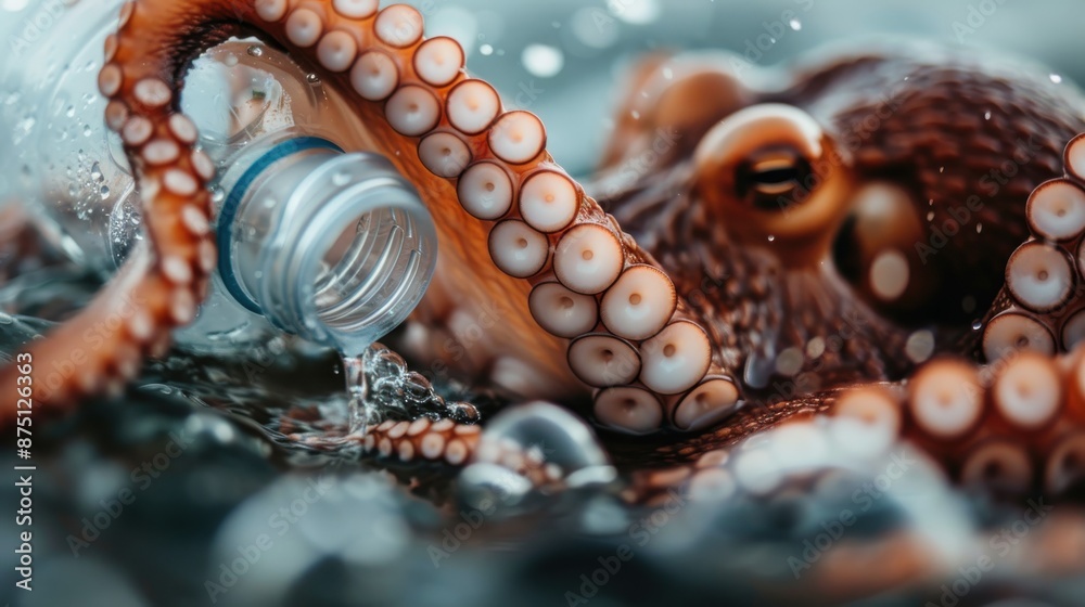 Naklejka premium An octopus grips a plastic bottle in its tentacles, set against a watery backdrop, emphasizing the drastic effect of human waste on marine wildlife and ecosystems.