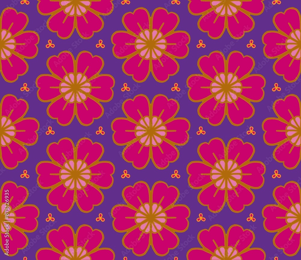 seamless floral pattern
The image showcases a repetitive floral pattern with vibrant pink flowers outlined in gold. Each flower has a detailed center and is set against a deep purple background. Small seamless floral pattern
The image showcases a repetitive floral pattern with vibrant pink flowers outlined in gold. Each flower has a detailed center and is set against a deep purple background. Small