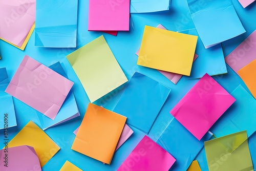 Colorful sticky notes scattered on a blue background, creating a vibrant and dynamic visual composition ideal for office or creative work themes.