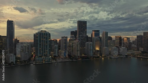 Wallpaper Mural Establishing aerial view of Miami Brickell downtown skyline. Aerial close up view of Miami modern skyscraper, hotels and residential buildings on a beautiful sunset. Miami Florida in 4K Torontodigital.ca