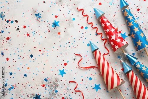 Festive Celebration Background with Party Hats and Star Confetti in Red, Blue, and Silver photo