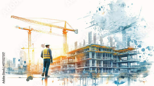 worker on a site, Technical background, construction site landscape, construction engineer at work