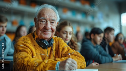 An elderly man attentively participates in a class with young students. Lifelong learning.