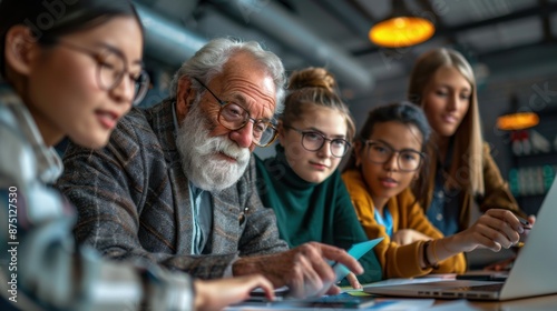An elderly man leads a diverse team meeting using a tablet, with focused team members listening intently.
