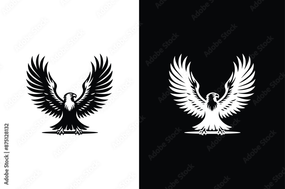Fototapeta premium Eagle illustration. Eagle symbol. Silhouette flying eagles emblem, winged badge and freedom hawk wings stencil.