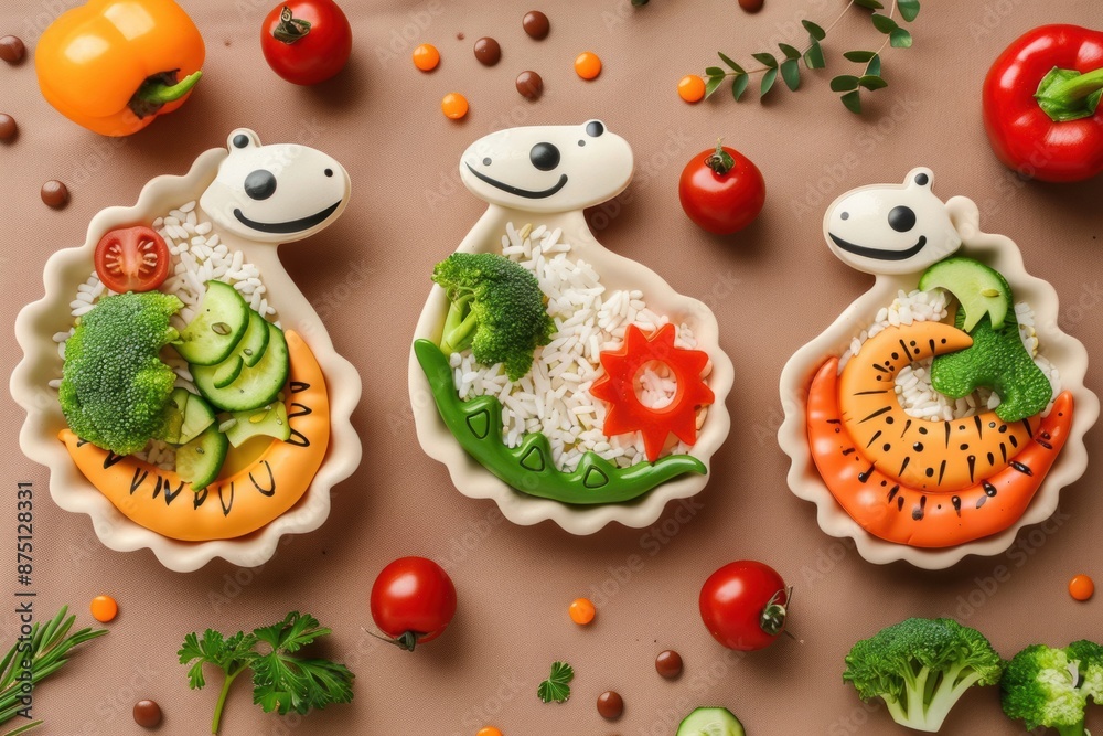 Cute Dinosaur-Shaped Plates with Healthy Veggie Rice Meals Cute Dinosaur-Shaped Plates with Healthy Veggie Rice Meals
