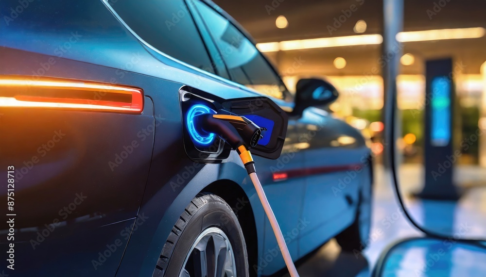 The electric car is parked at the charging station, connected to the power supply with the charging cable. Generated with AI The electric car is parked at the charging station, connected to the power supply with the charging cable. Generated with AI