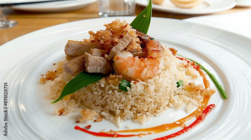 Gourmet shrimp and chicken fried rice garnished with crispy toppings and vibrant sauces on a white plate. Gourmet shrimp and chicken fried rice garnished with crispy toppings and vibrant sauces on a white plate.
