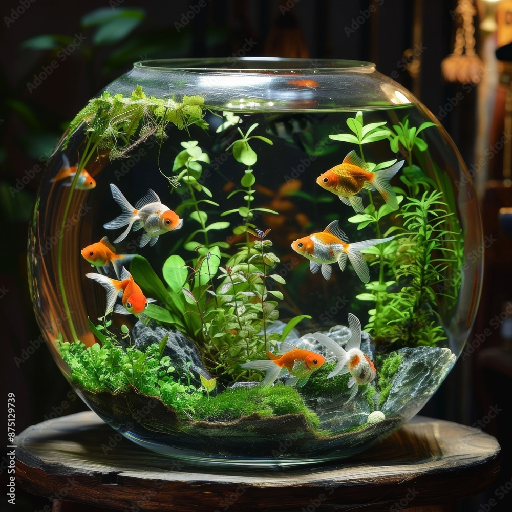 A round glass jar holds colorful goldfish swimming gracefully amidst lush aquatic plants. A round glass jar holds colorful goldfish swimming gracefully amidst lush aquatic plants.