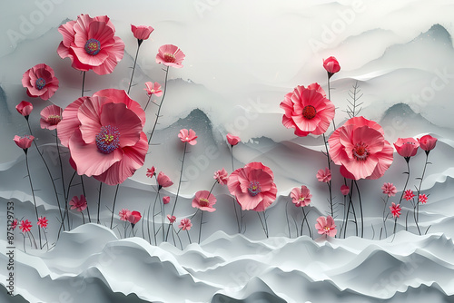 A radiant 3D mural showcasing vibrant flowers on a luminous white background, enhanced by decorative and elegant wallpaper.