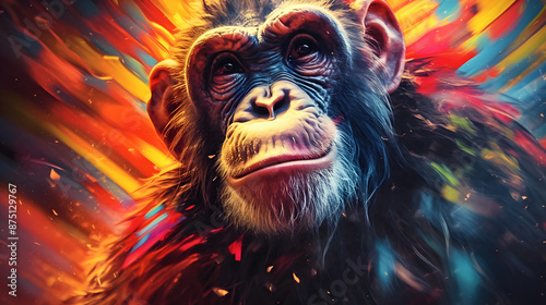Portrait of a Chimpanzee, Abstract art colorful painting Chimpanzee © Akash Tholiya